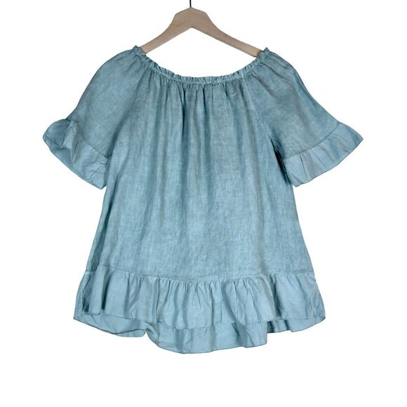 Terzo Millennio Italy Muted Seafoam Linen Ruffle Top Size Small Boho Peasant - Picture 2 of 7